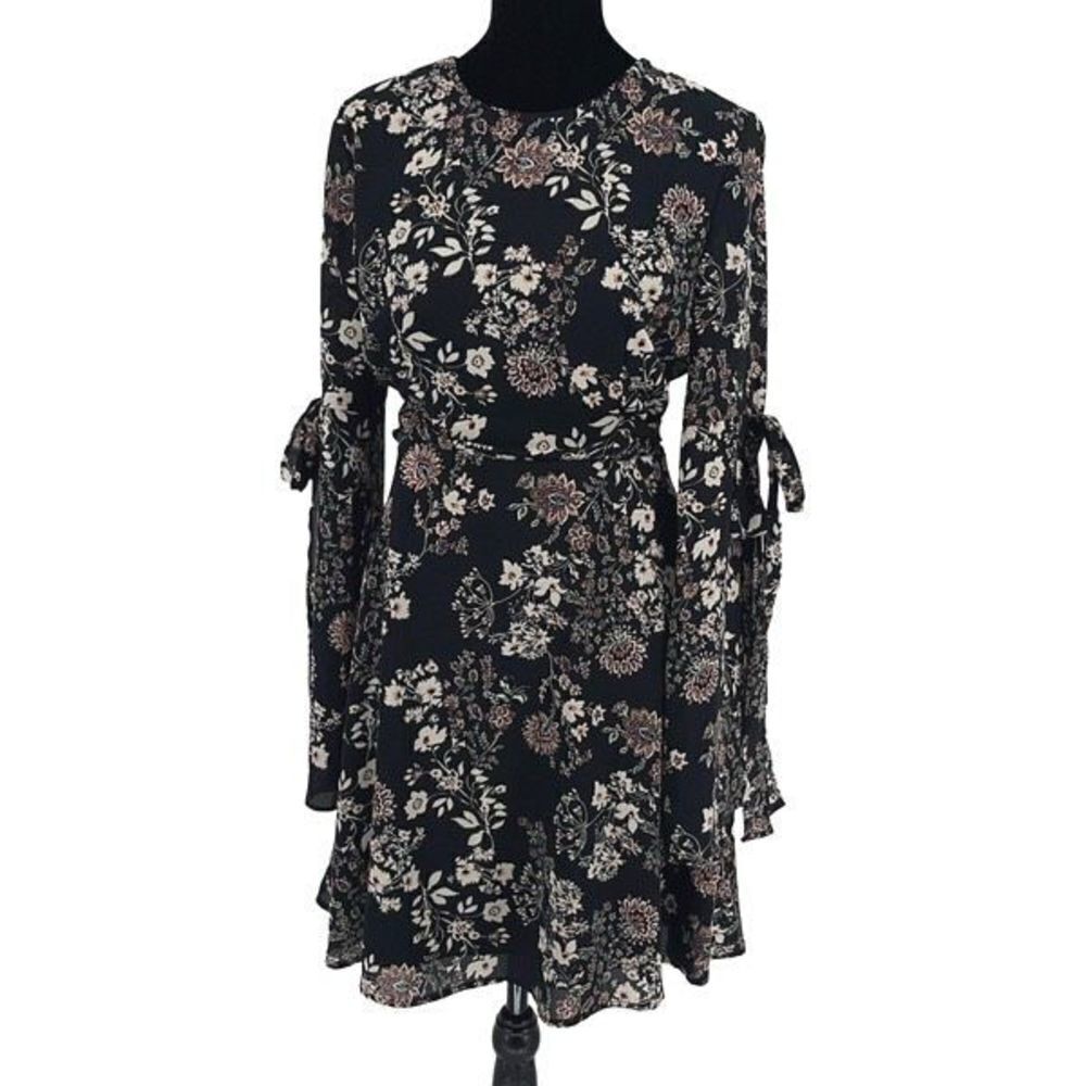 Maurices Womens Blouson Dress Bell Sleeve Ties Floral‎ Lined Mini Black Size XS